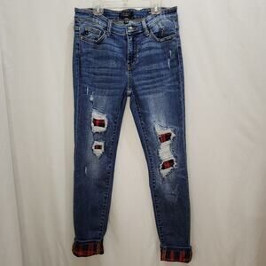 Judy Blue Distressed Buffalo Plaid Peek-A-Boo Roll Up Hem Torn Skinny Jeans 7/28